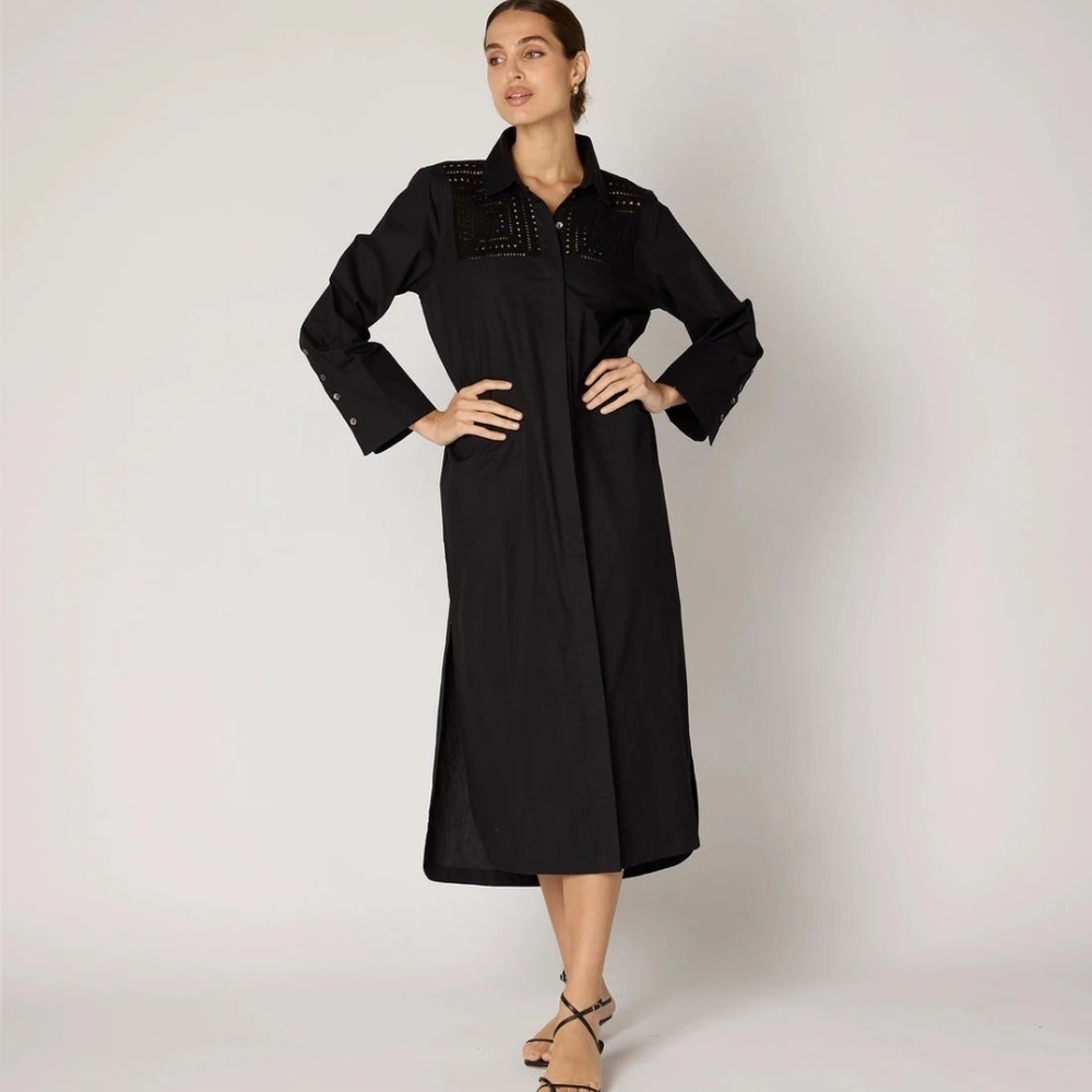 Cleobella Black Organic Cotton Crochet Lace Button Down Midi Shirt Dress Mens M